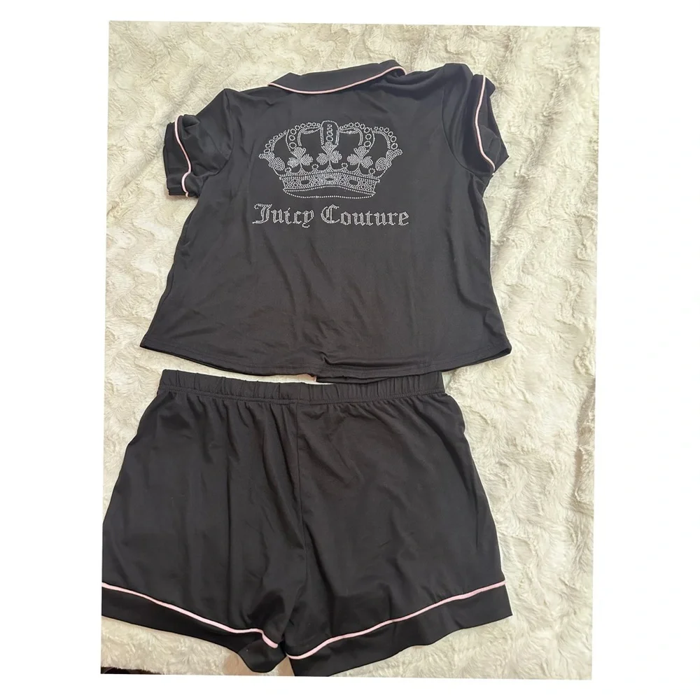 JUICY COUTURE Women Button Down Shirt and Shorts Pajama/Lounge Set BLACK Size M - Picture 2 of 2